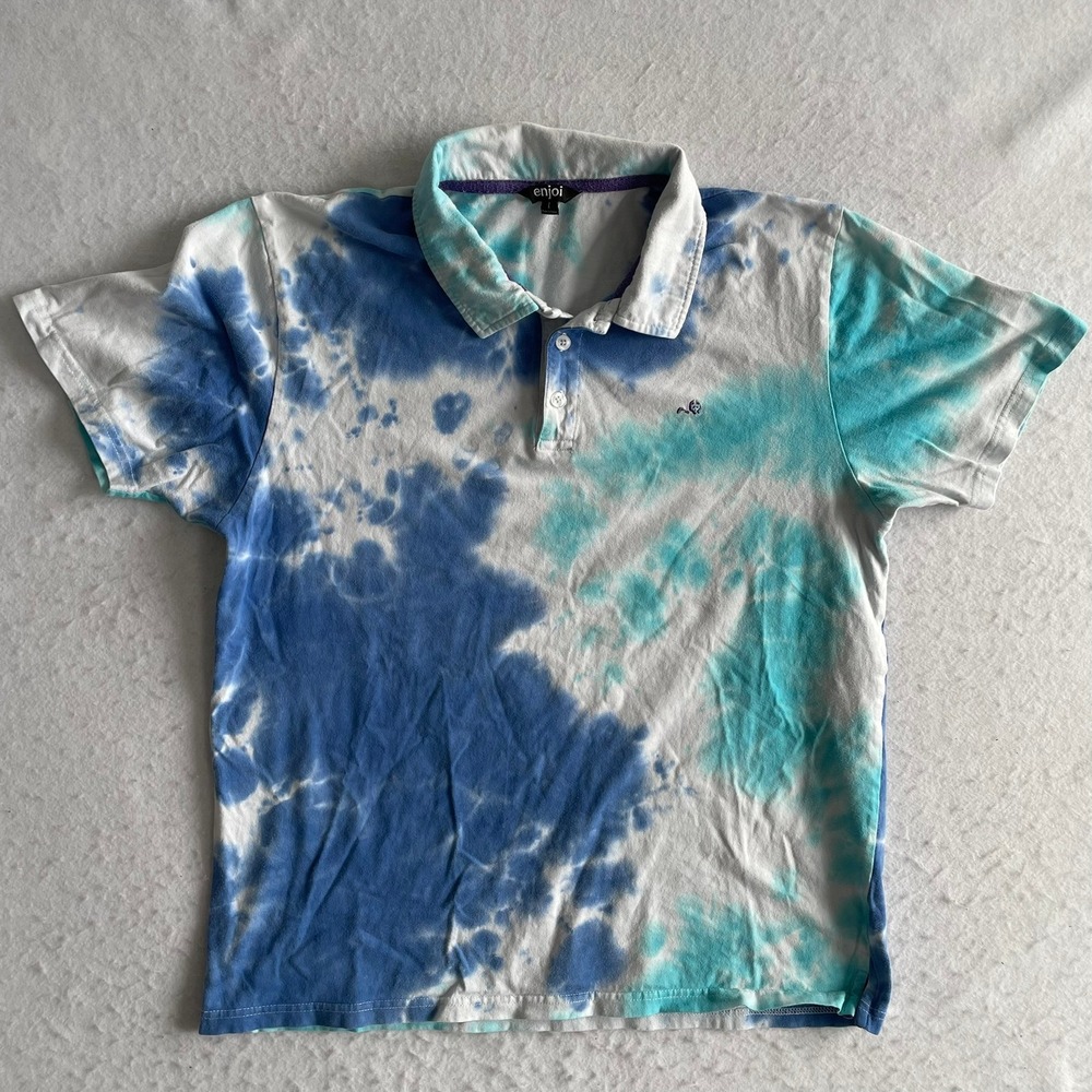 Enjoi Polo Shirt Mens Large Blue Tie Dye Short Sleeve Skateboarding Panda Logo